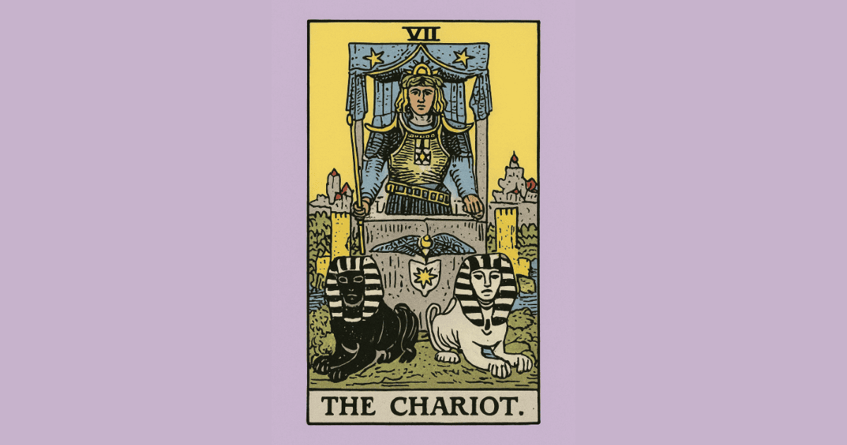 purple background with The Chariot tarot card from the Rider Wait tarot deck