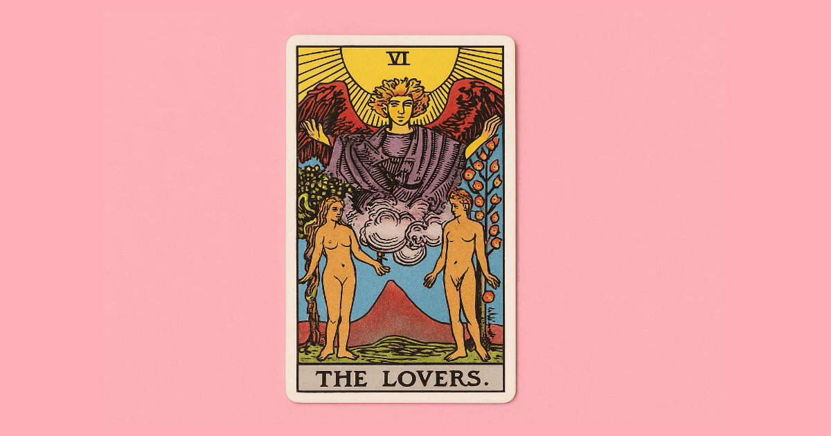 The Lovers tarot card from the Rider Waite tarot deck on a pink background | The Lovers Tarot Card Meaning & Guide