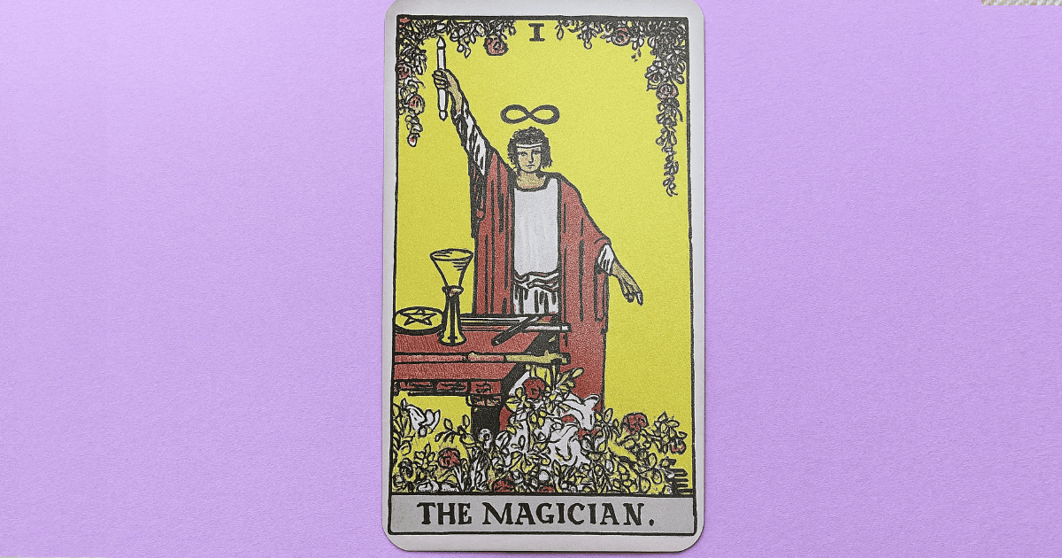 purple background with the Rider Waite Magician Tarot Card | The Magician Tarot Card Meaning & Guide