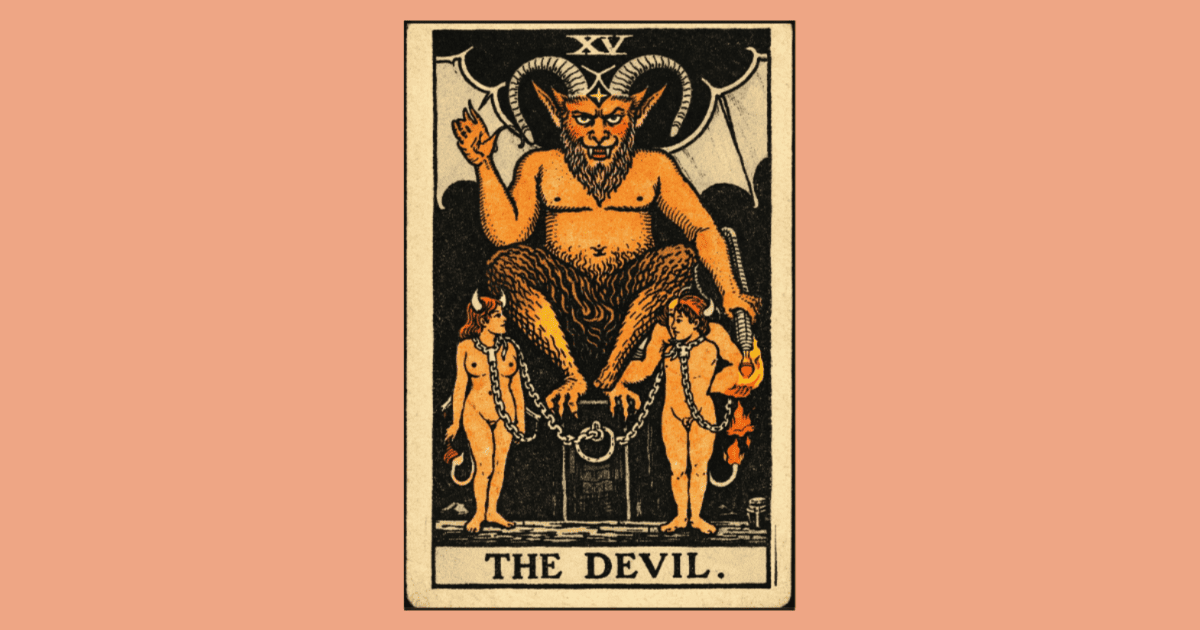 a naked couple are chained to a platform where the Devil sits | The Devil tarot card from the Rider Waite deck