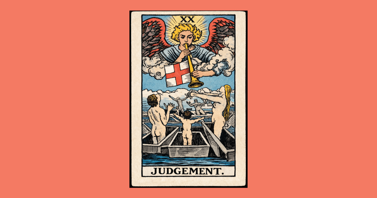 standing people in boats look up to the sky where an angel plays a trumpet | The Judgement card from the Rider Waite tarot deck