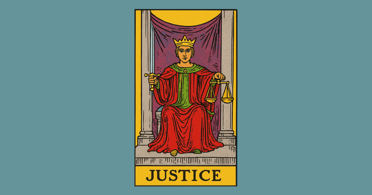 woman sits in red robes with a sword in one hand and scales in the other | Justice from the Rider Waite tarot deck