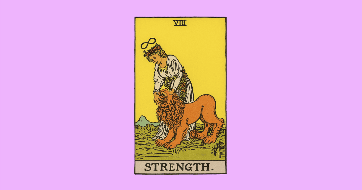 pink background with the Strength tarot card from the Rider Waite deck