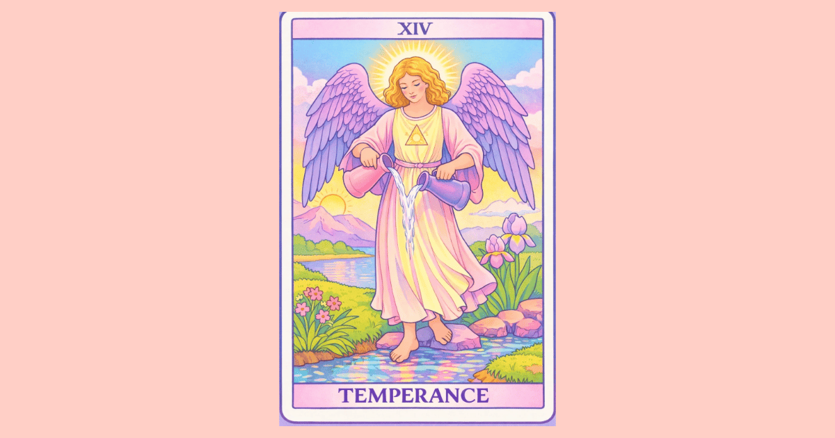 an angel stands with one foot on the ground pouring water upwards from one cup into another | Temperance Tarot Card from the Rider Waite tarot deck