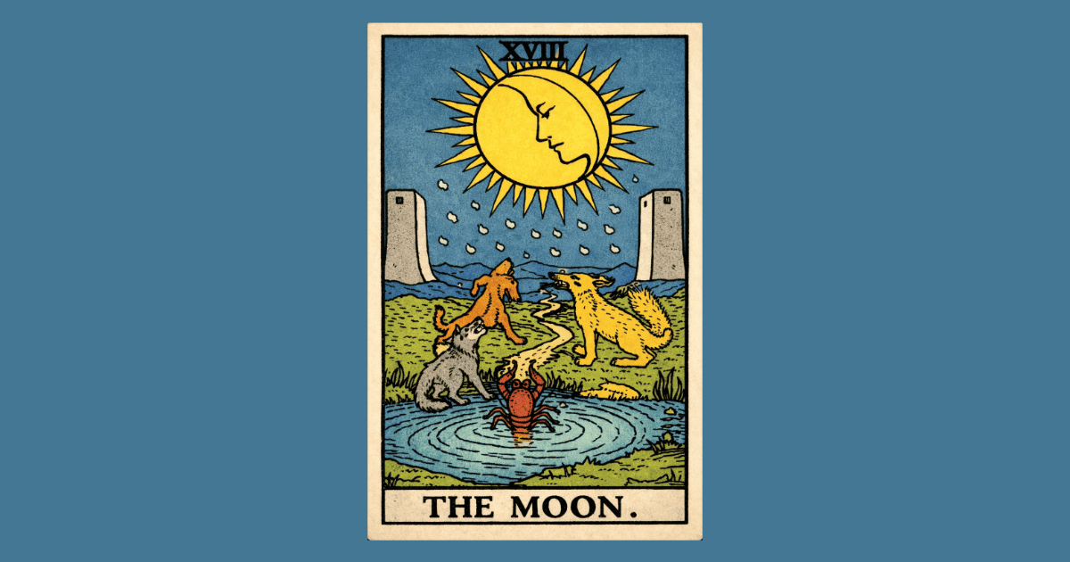dogs howl at the full moon | The Moon tarot card from the Rider Waite tarot deck