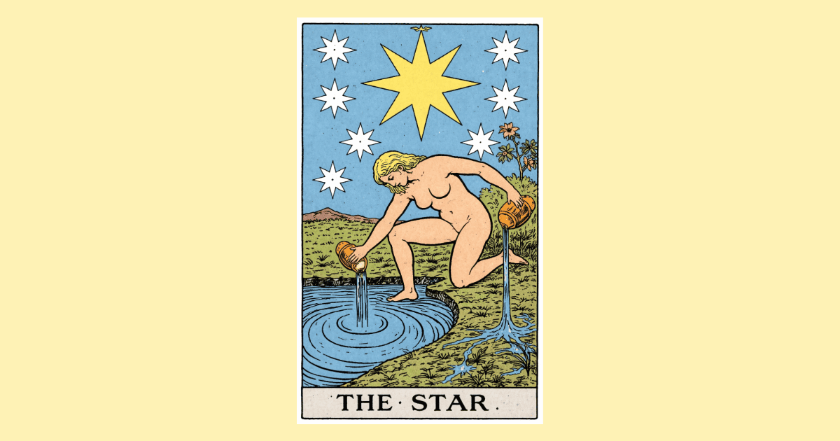 a woman kneeling pouring water onto the pond and onto the land with a giant star above her head | The Star tarot card from the Rider Waite deck