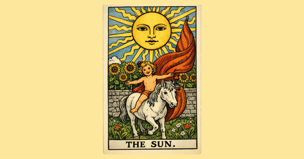a happy baby rides a pony in front of sunflowers and the Sun | The Sun tarot card from the Rider Waite tarot deck