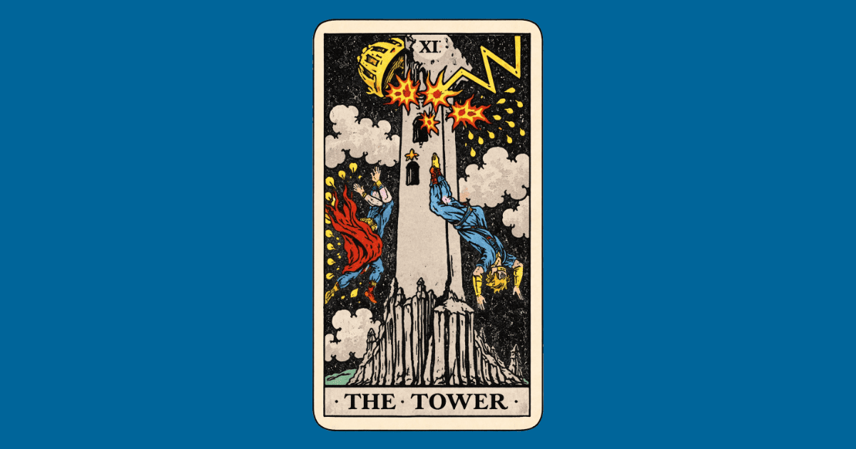 two figures fall from a tower that has been hit by lightning | The Tower from The Rider Waite tarot deck
